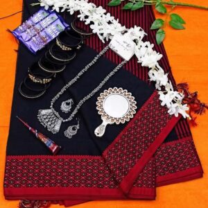 Black হাফসিল্ক শাড়ি💝লাল-কালো প্রিমিয়াম গিফট প্যাকেজ