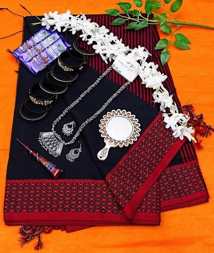 Black হাফসিল্ক শাড়ি💝লাল-কালো প্রিমিয়াম গিফট প্যাকেজ