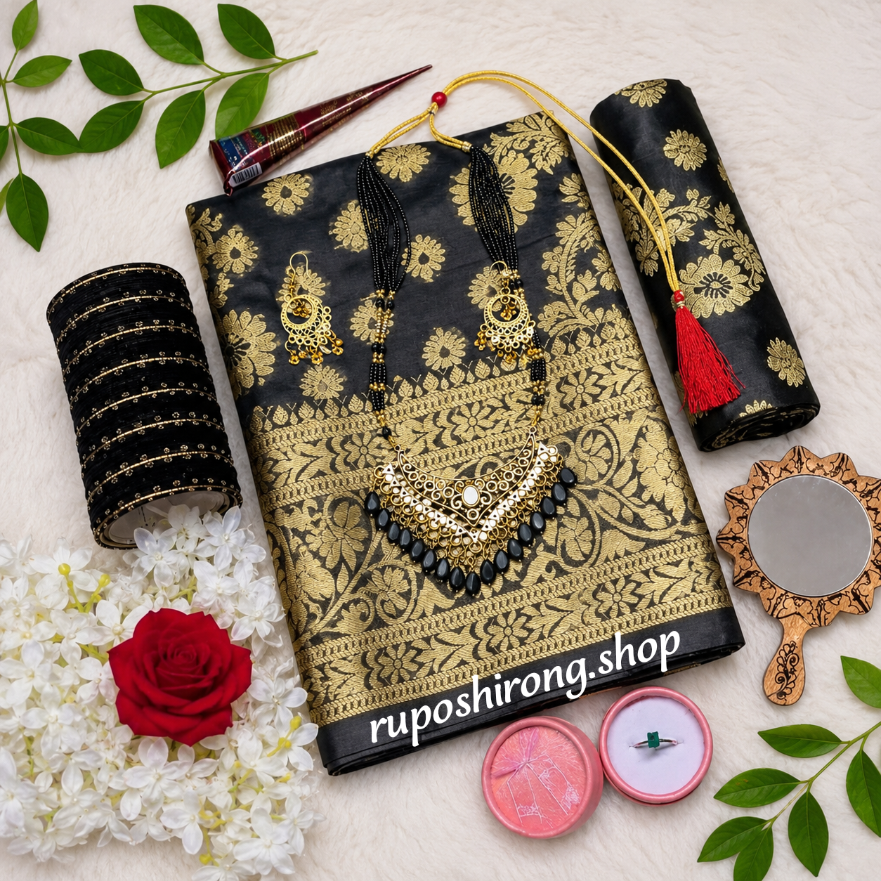 প্রিয় মানুষের জন্য বেস্ট গিফট ব্লাক কালার কাতান শাড়ি কম্বো(প্রিমিয়াম)